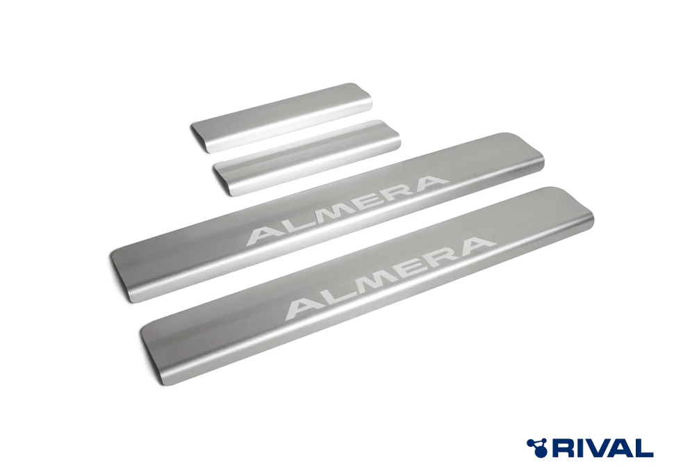 Накладки на пороги Rival для Nissan Almera G15 2012-2018, нерж. сталь, с надписью, 4 шт., NP.4104.3