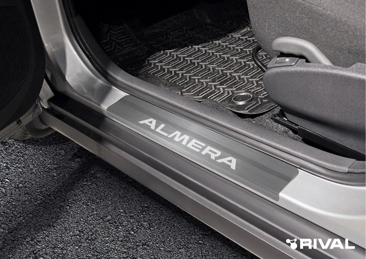 Накладки на пороги Rival для Nissan Almera G15 2012-2018, нерж. сталь, с надписью, 4 шт., NP.4104.3