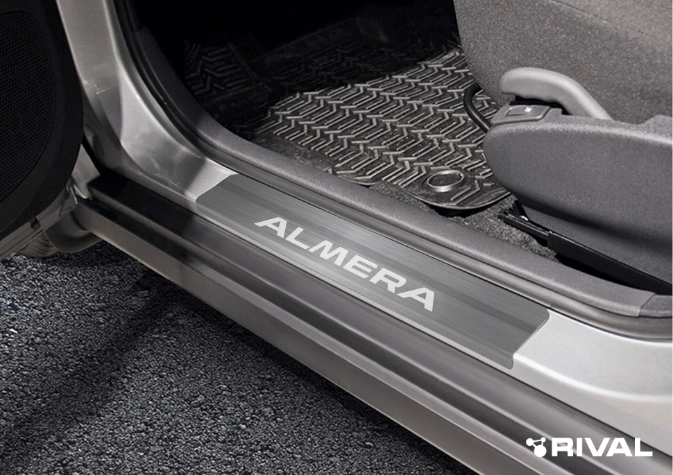 Накладки на пороги Rival для Nissan Almera G15 2012-2018, нерж. сталь, с надписью, 4 шт., NP.4104.3