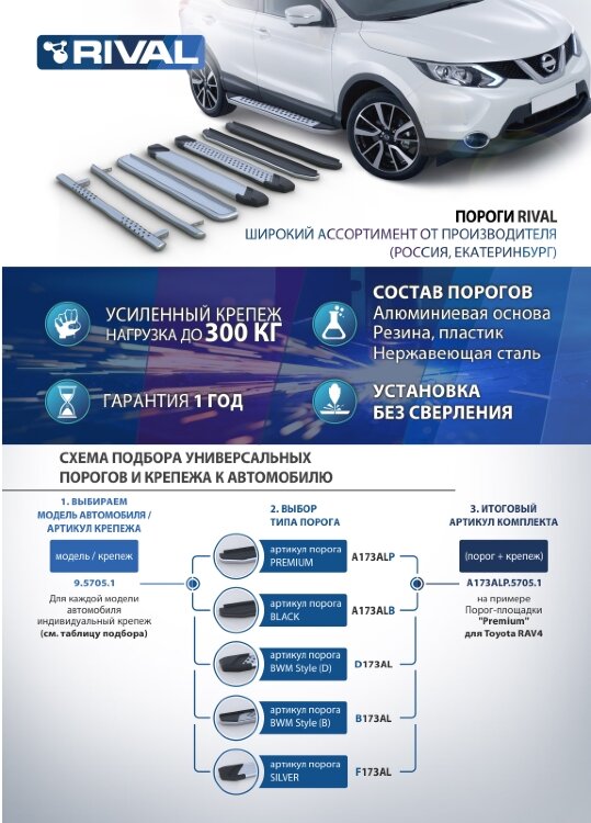 Пороги площадки (подножки) "Premium" Rival для Hyundai Creta I 2016-2021, 173 см, 2 шт., алюминий, A173ALP.2310.1 курьером по Москве и МО
