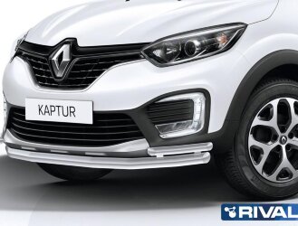 Защита переднего бампера d57+d42 + комплект крепежа, RIVAL, Renault Kaptur 2016-