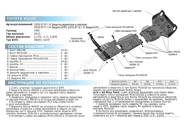 Защита КПП Rival для Toyota Hilux VIII рестайлинг 4WD 2018-2020 2020-н.в. (устанавл-ся совместно с 2333.5710.1.6), штампованная, алюминий 6 мм, с крепежом, 2333.5711.1.6