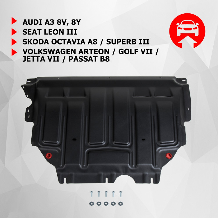 Защита картера и КПП АвтоБроня для Audi A3 8V, 8Y (V - 1.4) 2016-2020 2020-н.в., штампованная, сталь 1.5 мм, с крепежом, 111.05128.1