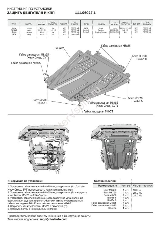 Защита картера и КПП АвтоБроня для Renault Logan II 2014-2018 2018-н.в., штампованная, сталь 1.5 мм, с крепежом, 111.06027.1
