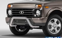 Защита переднего бампера d57 Скоба + комплект крепежа, RIVAL, Lada 4x4 2014-