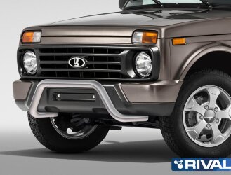 Защита переднего бампера d57 Скоба + комплект крепежа, RIVAL, Lada 4x4 2014-