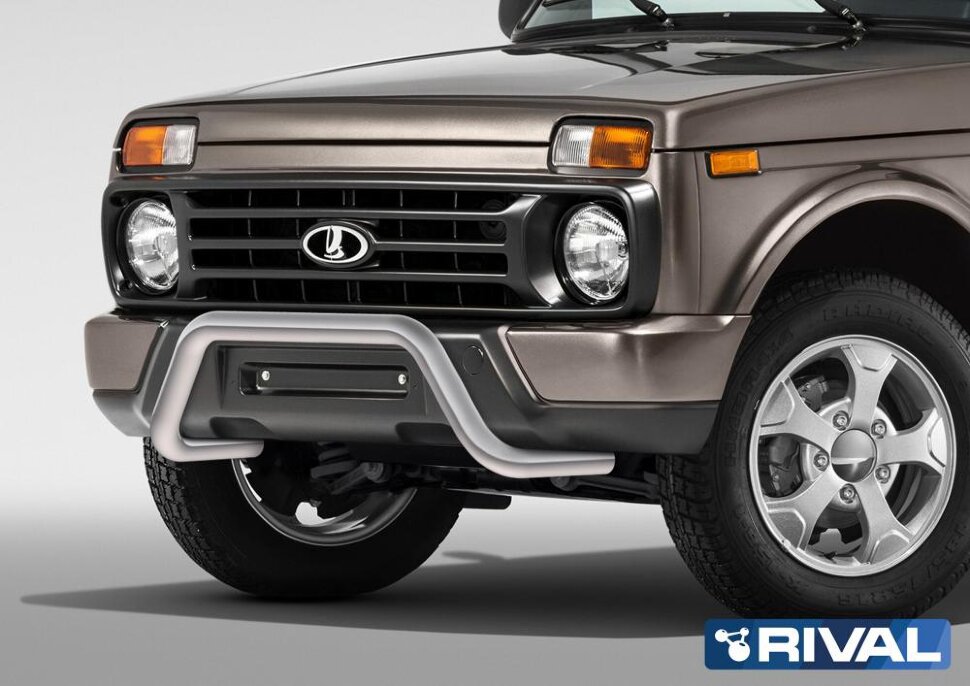 Защита переднего бампера d57 Скоба + комплект крепежа, RIVAL, Lada 4x4 2014-