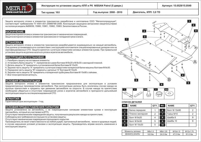 Защита КПП и РК для Patrol 5 дв. арт: 15.0549