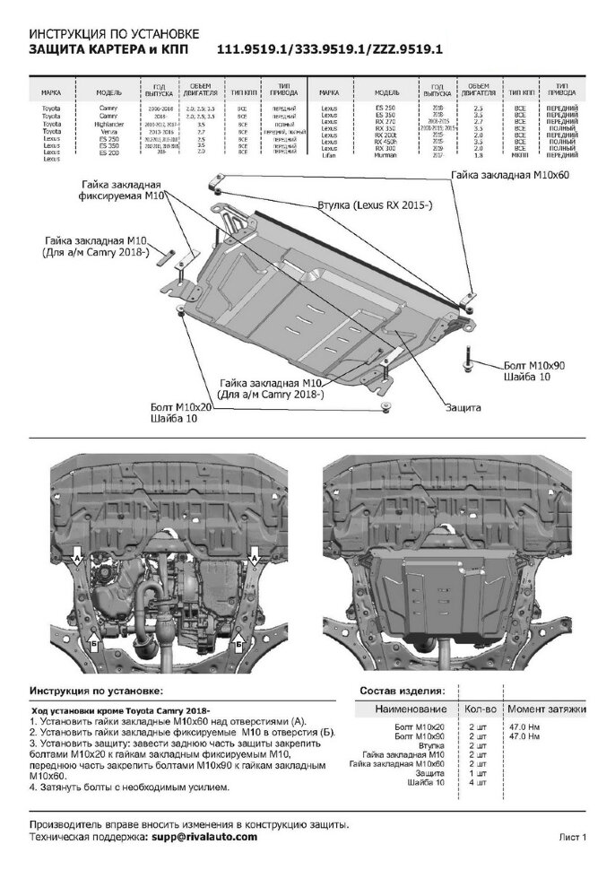 Защита картера и КПП Rival для Toyota Camry XV50, XV70 2011-2021 2021-н.в., сталь 1.5 мм, с крепежом, штампованная, 111.9519.1