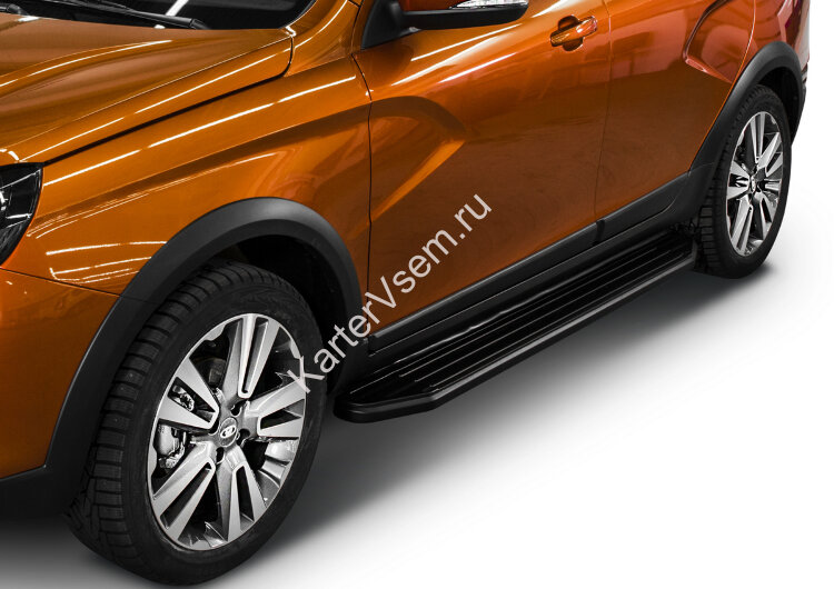 Пороги площадки (подножки) "Premium-Black" Rival для Lada Vesta Cross универсал 2017-н.в., 180 см, 2 шт., алюминий, A180ALB.6003.1 с доставкой по всей России