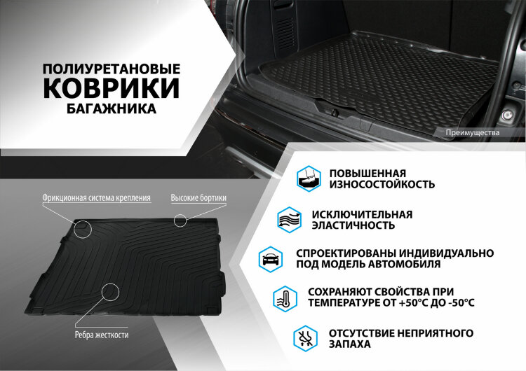 Коврик в багажник автомобиля Rival для Hyundai Santa Fe IV поколение рестайлинг (5 мест) 2021-н.в., полиуретан, 12306011