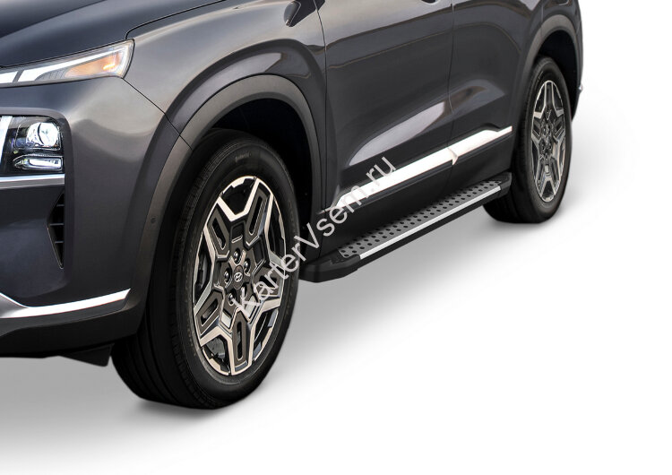 Пороги площадки (подножки) "Bmw-Style круг" Rival для Hyundai Santa Fe IV рестайлинг 2021-н.в., 180 см, 2 шт., алюминий, D180AL.2312.1
