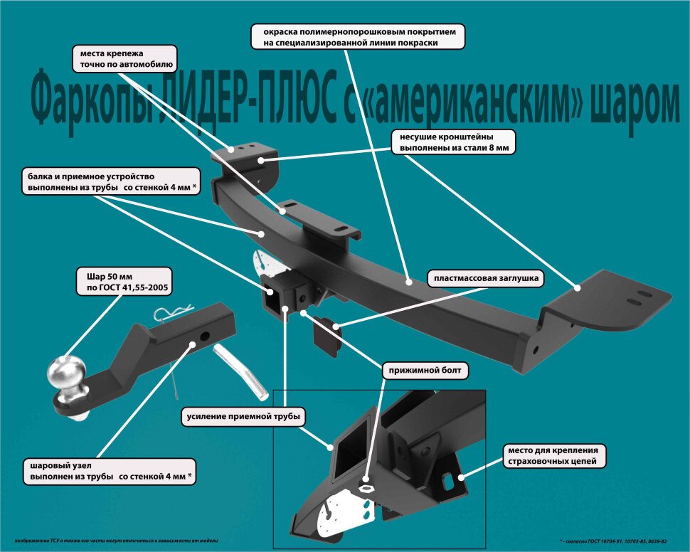 Фаркоп Toyota Hilux шар вставка 50*50 (ТСУ) арт. T114-E