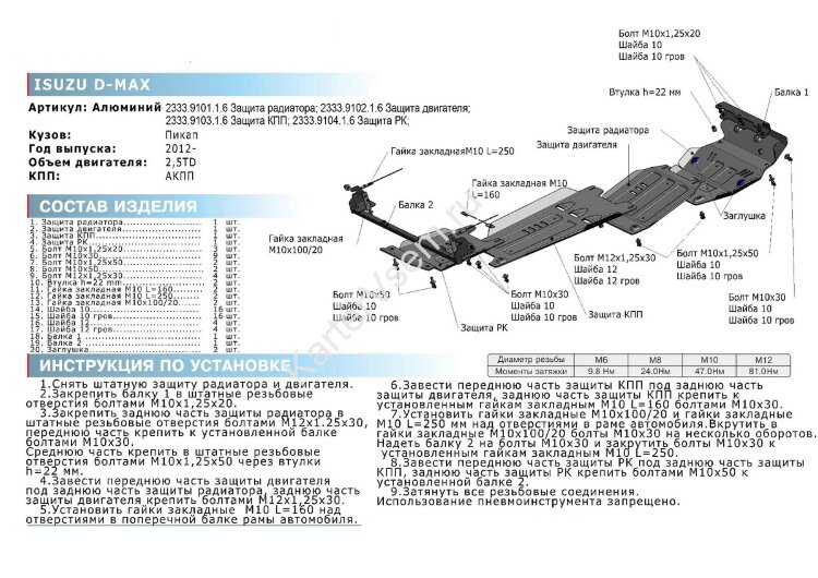 Защита КПП Rival для Isuzu D-Max II рестайлинг 2017-2021 (устанавл-ся совместно с 2333.9102.1.6), штампованная, алюминий 6 мм, с крепежом, 2333.9103.1.6