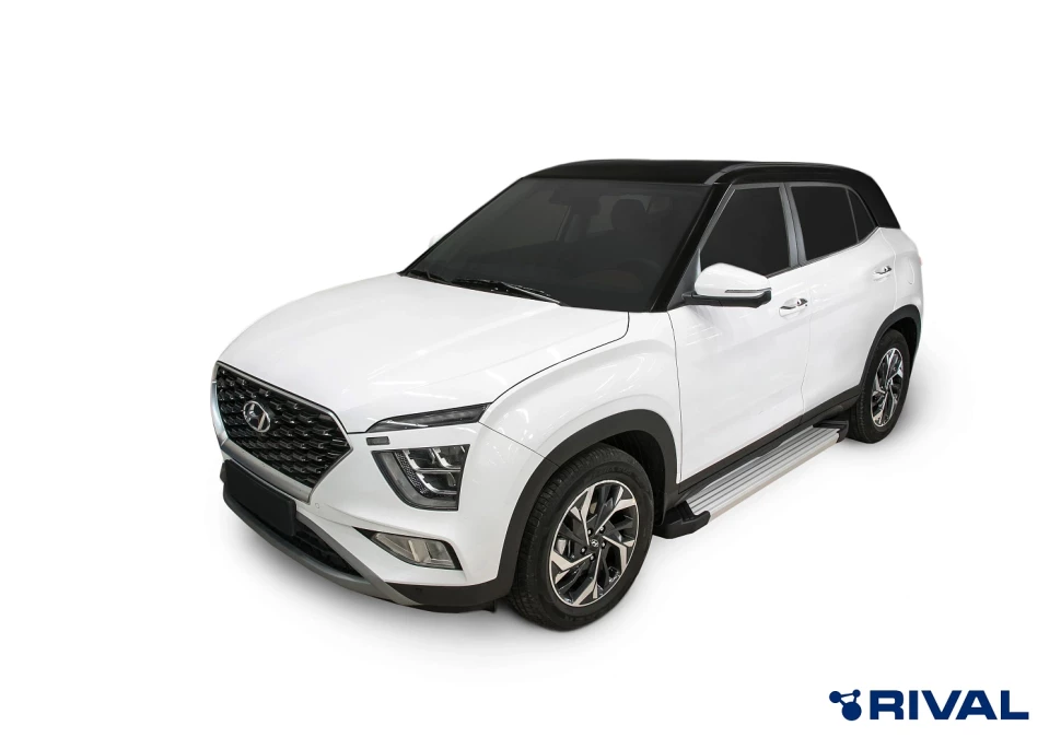 Пороги на автомобиль (подножки) "Silver" Rival для Hyundai Creta II 2021-н.в., 173 см, 2 шт., алюминий, F173AL.2314.1