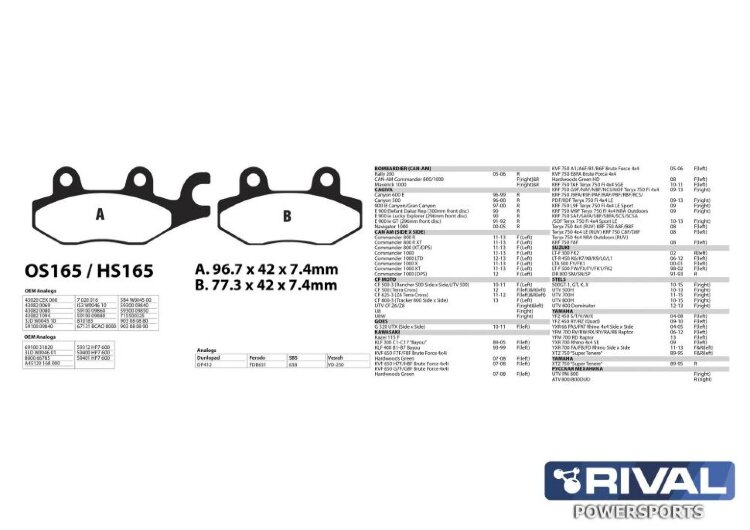 Тормозные колодки YAMAHA Raptor 700 (2013-2013) арт. OS165