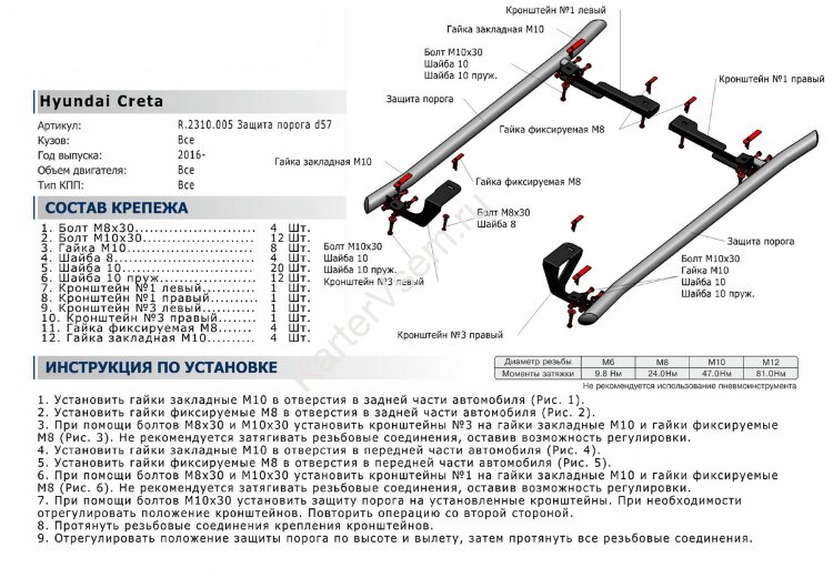 Защита порогов d57 Rival для Hyundai Creta I 2016-2021, нерж. сталь, 2 шт., R.2310.005 с возможностью установки