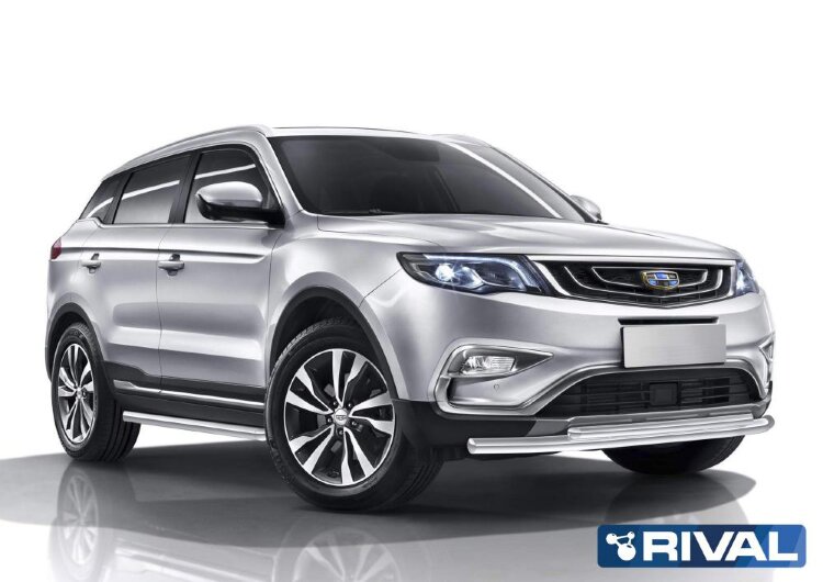 Защита переднего бампера d57+d42 + комплект крепежа, RIVAL, Geely Atlas 2018-