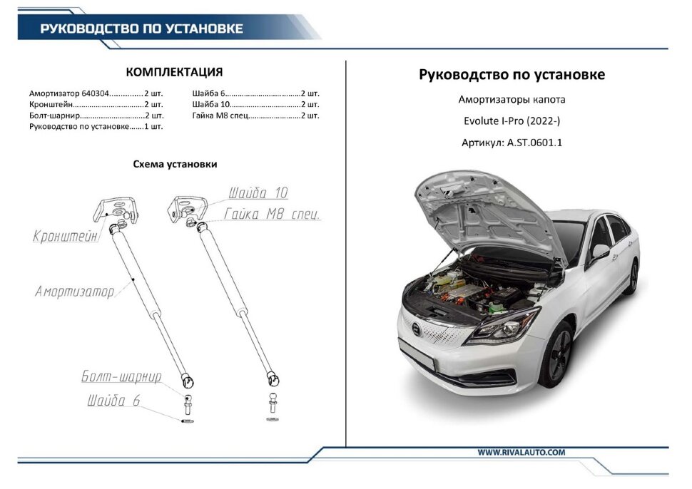Газовые упоры капота Rival для Evolute i-Pro 2022-н.в., 2 шт., A.ST.0601.1