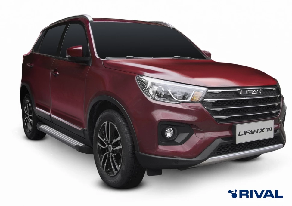 Пороги на автомобиль (подножки) "Silver" Rival для Lifan X70 2017-н.в., 173 см, 2 шт., алюминий, F173AL.3305.1