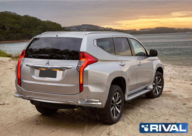 Защита заднего бампера d76+d42 уголки + комплект крепежа, RIVAL, Mitsubishi Pajero Sport 2016-