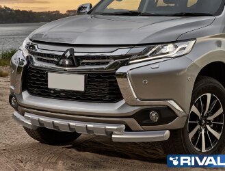 Защита переднего бампера d76+d57 с профильной защитой картера + комплект крепежа, RIVAL, Mitsubishi Pajero Sport 2016-