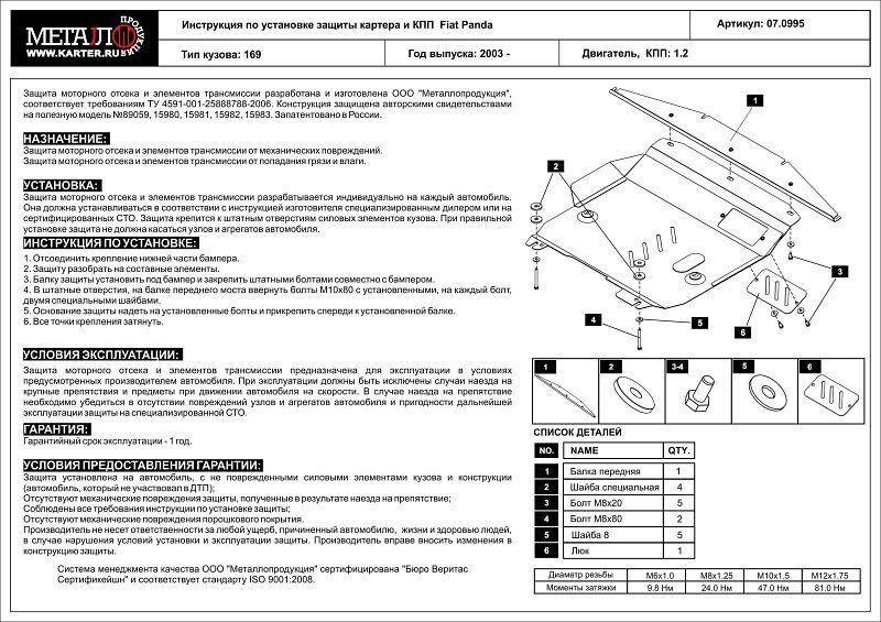 Защита картера и КПП Fiat Panda двигатель 1,2  (2003-2013)  арт: 07.0995