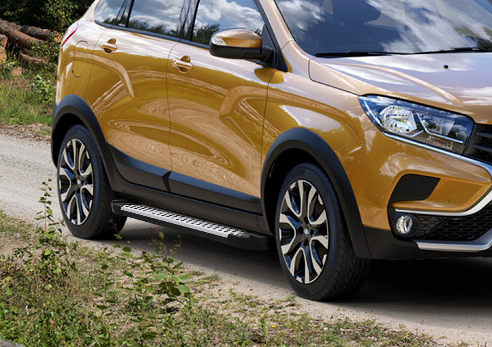Пороги площадки (подножки) "Bmw-Style круг" Rival для Lada Xray Cross 2018-н.в., 173 см, 2 шт., алюминий, D173AL.6005.1 с доставкой по всей России