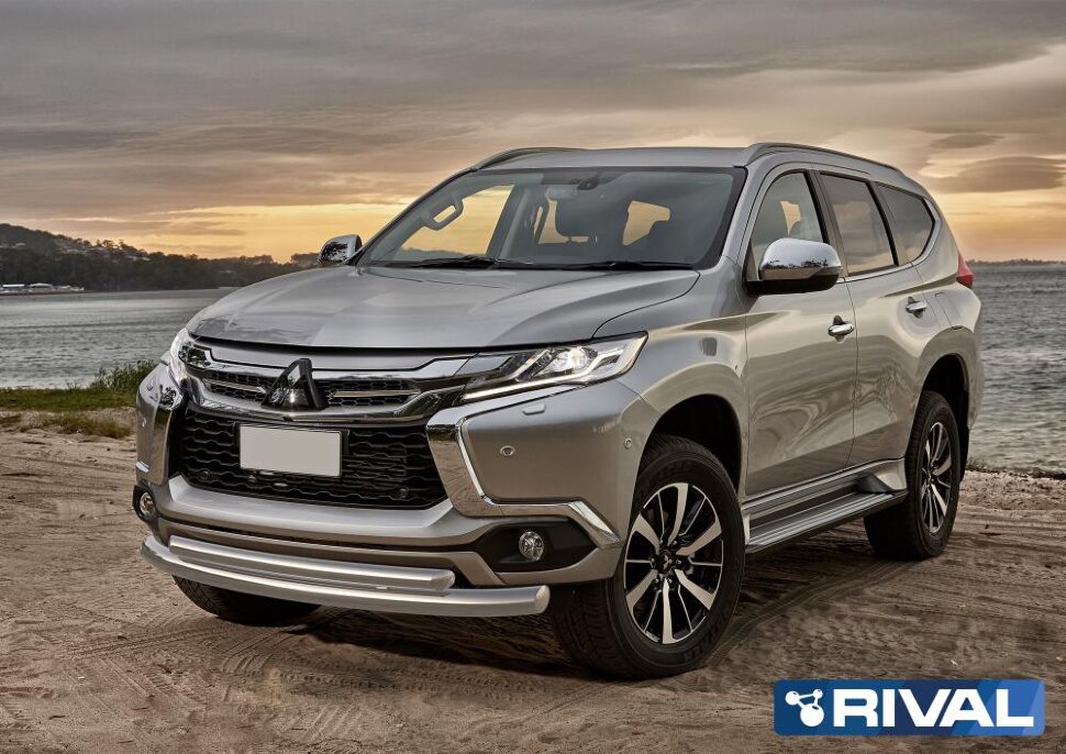 Защита переднего бампера d76+d57 + комплект крепежа, RIVAL, Mitsubishi Pajero Sport 2016-