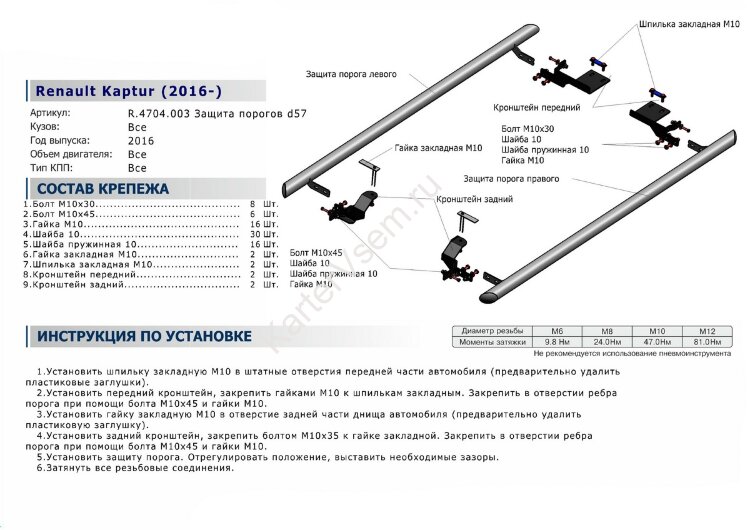 Защита порогов d57 Rival для Renault Kaptur 2016-2020, нерж. сталь, 2 шт., R.4704.003 с возможностью установки